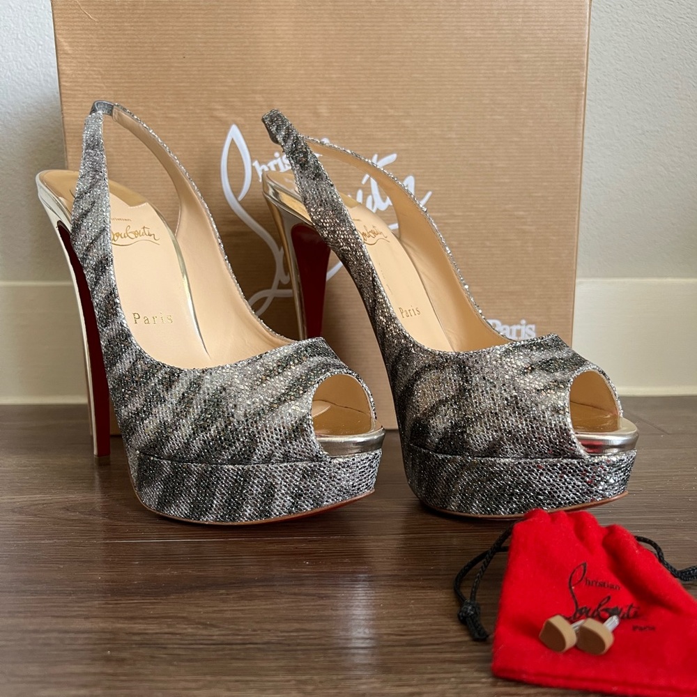 CHRISTIAN LOUBOUTIN AUTHENTIC Lady Peep Sling Zebra Glitter